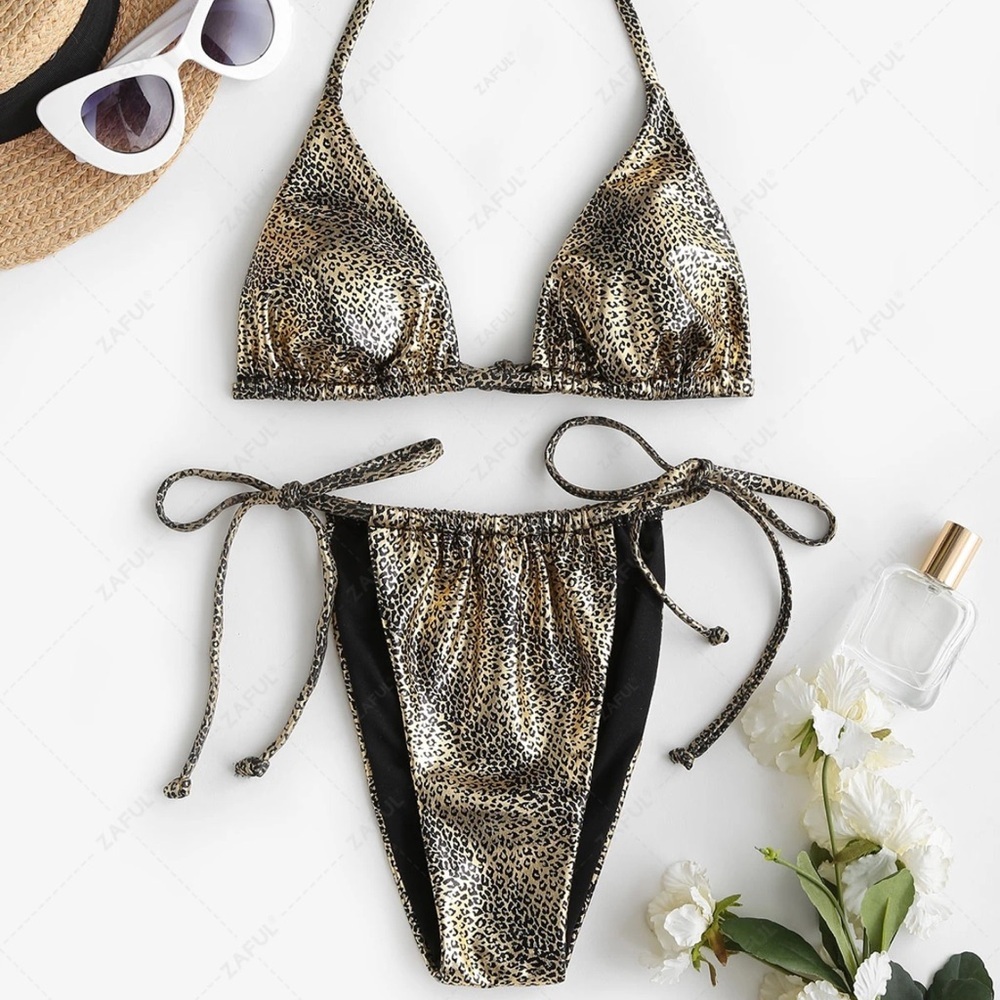 ZAFUL Convertible Glossy Coated Snakeskin Leopard String Bikini Golden size s - Picture 5 of 9